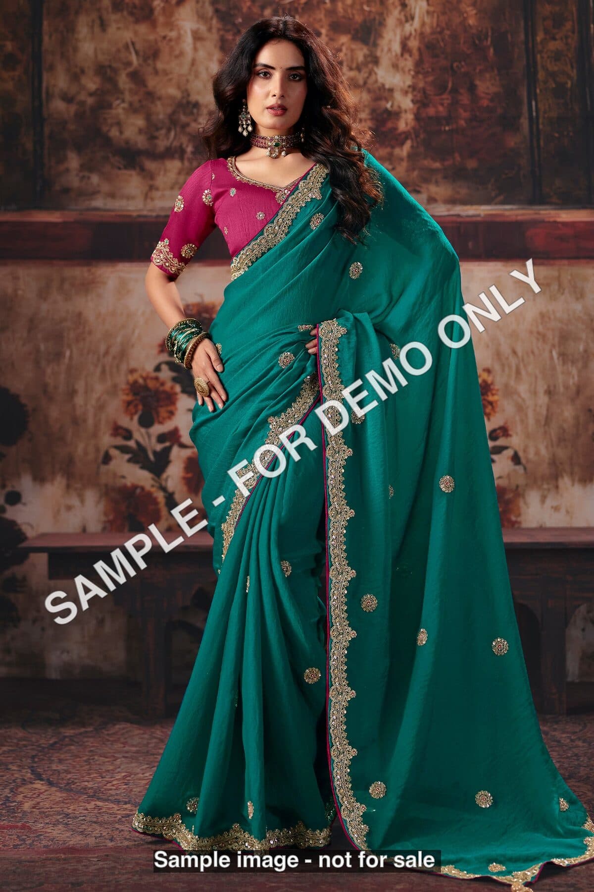 Sample - Teal green Bemberg saree (demo), photo 3